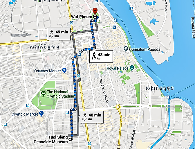 Tragitto  da Museo del genocidio Tuol Sleng a  Wat Phnom 