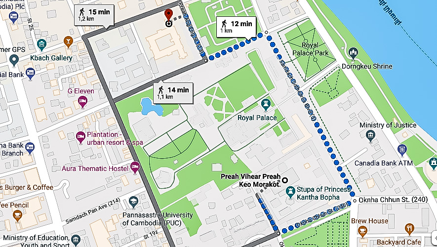 Tragitto da Palazzo Reale a Museo nazionale  Phnom Penh 